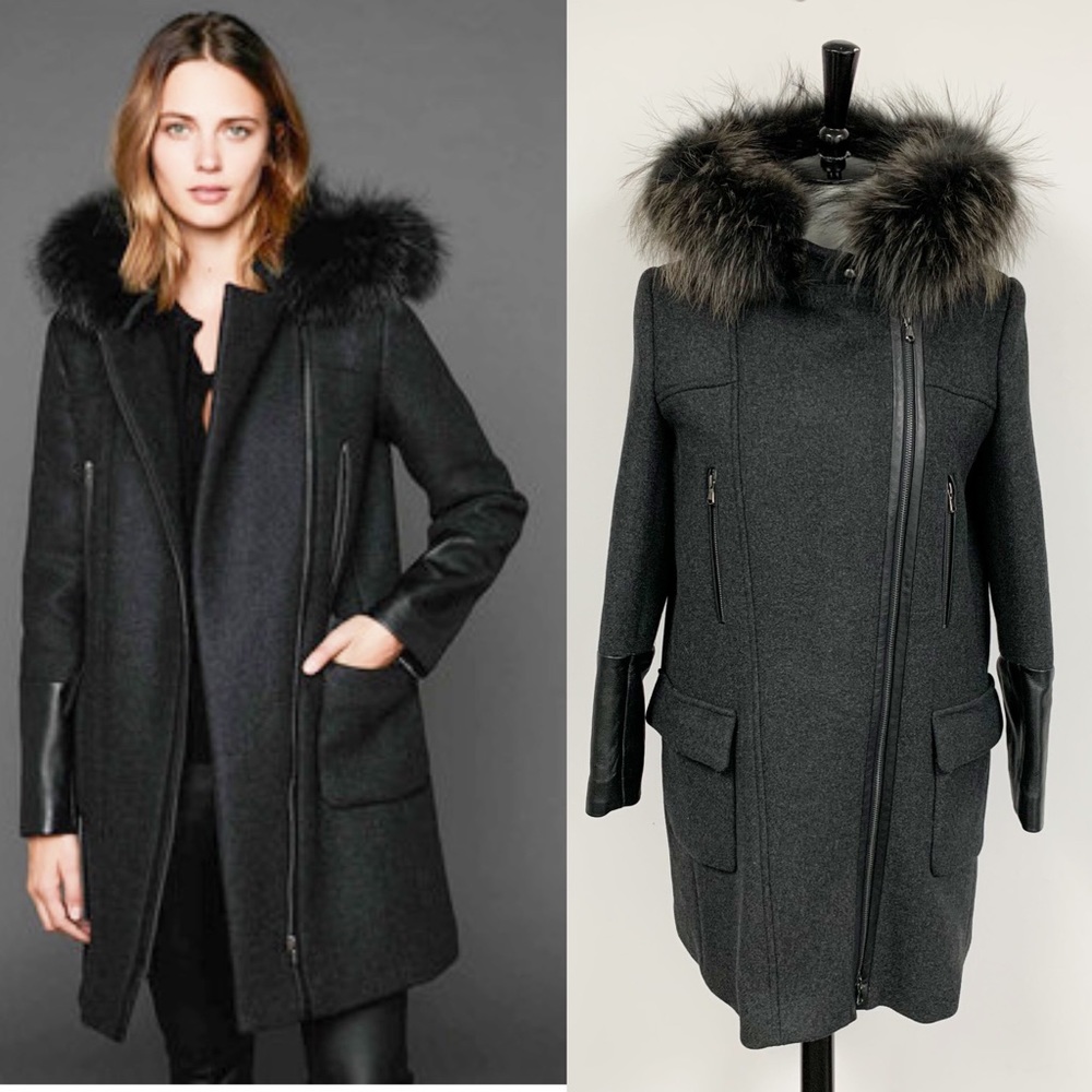 Zapa Paris wool Coat with fur trimmed hood Sz 40 8